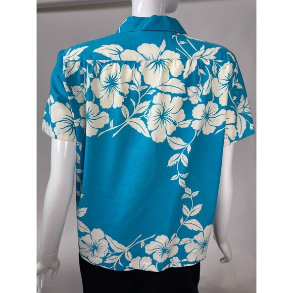Hilo Hattie Womens Hawaiian Floral Button-Up Shirt Medium Teal & White 100% Cott - Picture 15 of 16